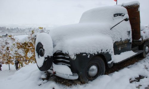 little Straw snow covered vintage truck at Little Straw Winery in West Kelowna BC